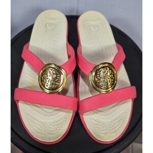 Crocs Sandals Womens 8 Sanrah Embellished Wedge Flip Flop Medallion Thong Pink